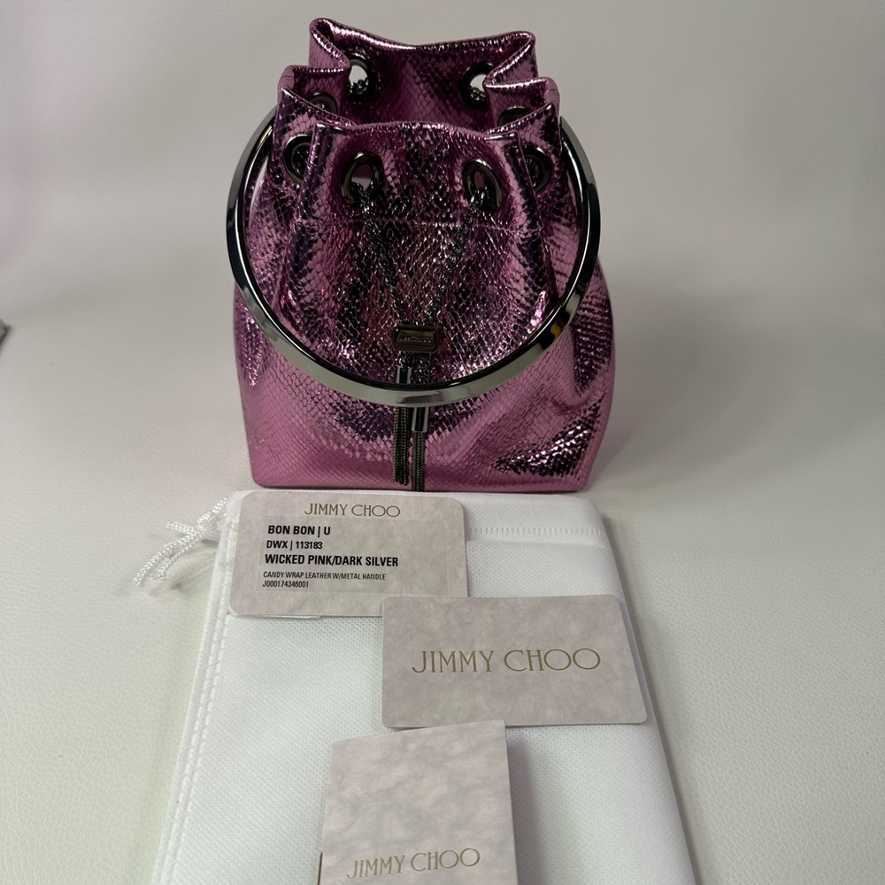NEW JIMMY CHOO BON BON CANDY WRAP LEATHER METAL TOP HANDLE CROSSBODY NWT! - Picture 10 of 15